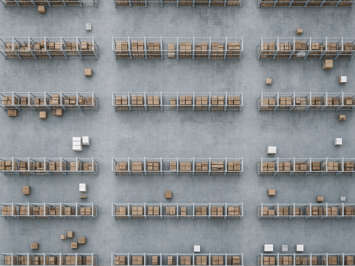 Warehouse racks seen from above as a grid of aisles